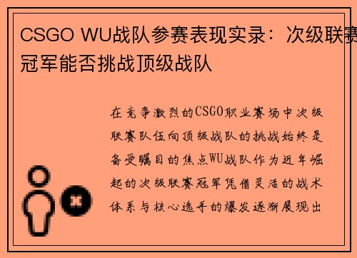 CSGO WU战队参赛表现实录：次级联赛冠军能否挑战顶级战队